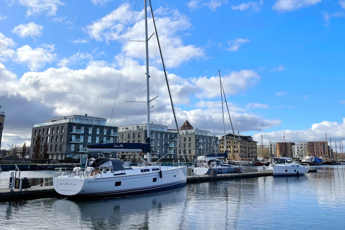 Exterior view of Namaka Elua, a Hanse 458 sailboat at Palma de Mallorca, Spain