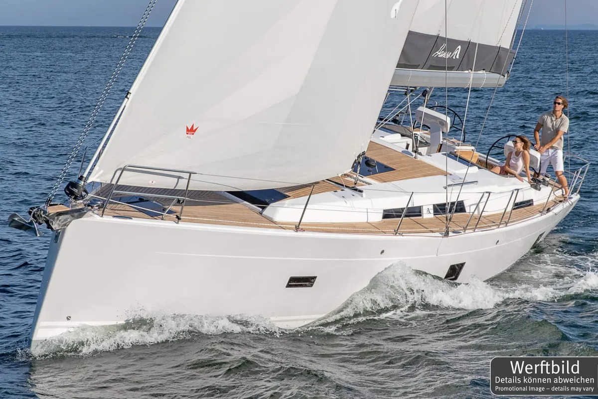 Exterior view of Namaka Elua, a Hanse 458 sailboat at Palma de Mallorca, Spain