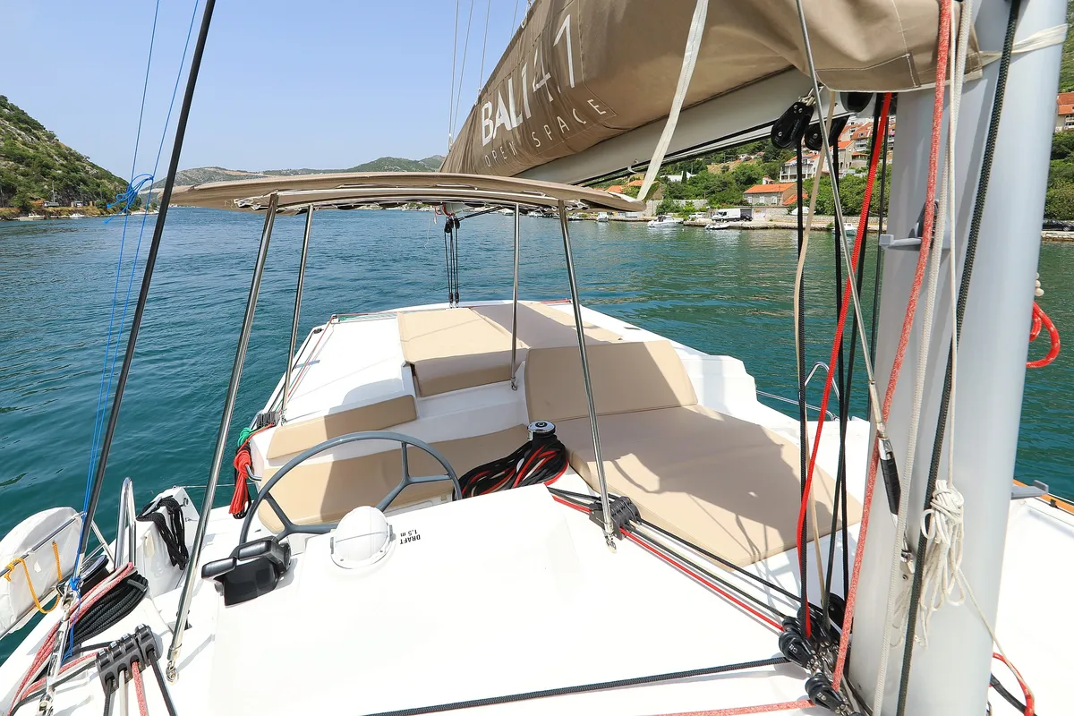 Cockpit of Avaler, a Bali 4.1 catamaran at Dubrovnik, Croatia