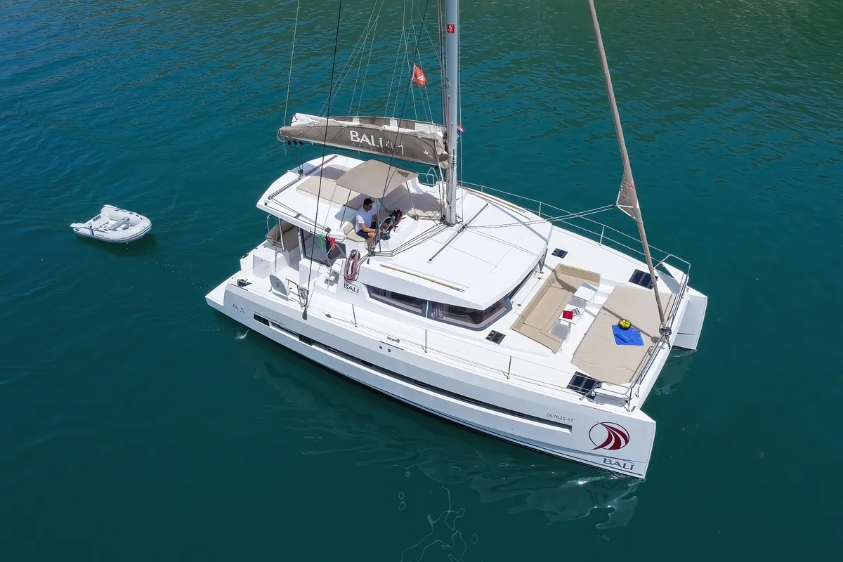 Exterior view of Avaler, a Bali 4.1 catamaran at Dubrovnik, Croatia