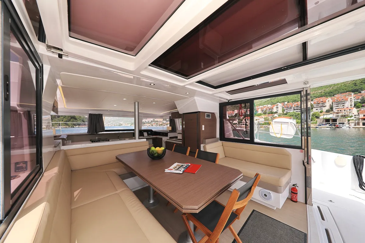Salon of Avaler, a Bali 4.1 catamaran at Dubrovnik, Croatia