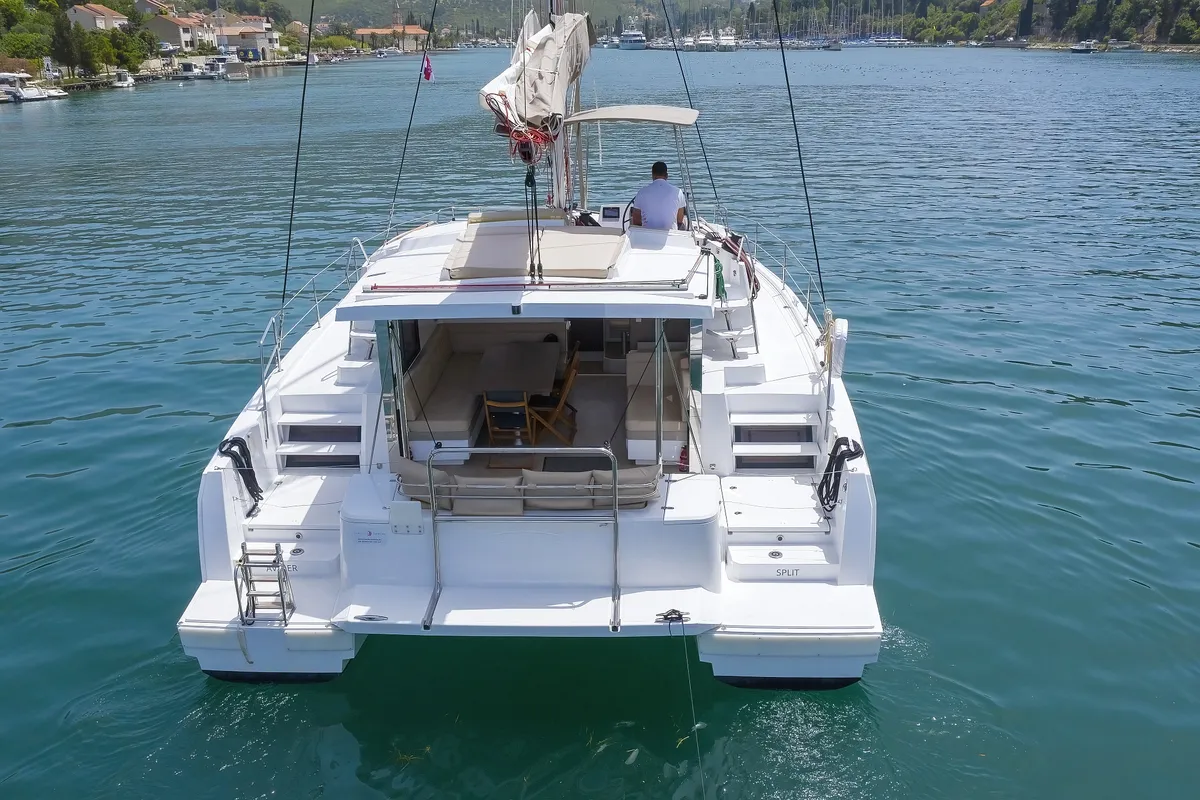 Exterior view of Avaler, a Bali 4.1 catamaran at Dubrovnik, Croatia