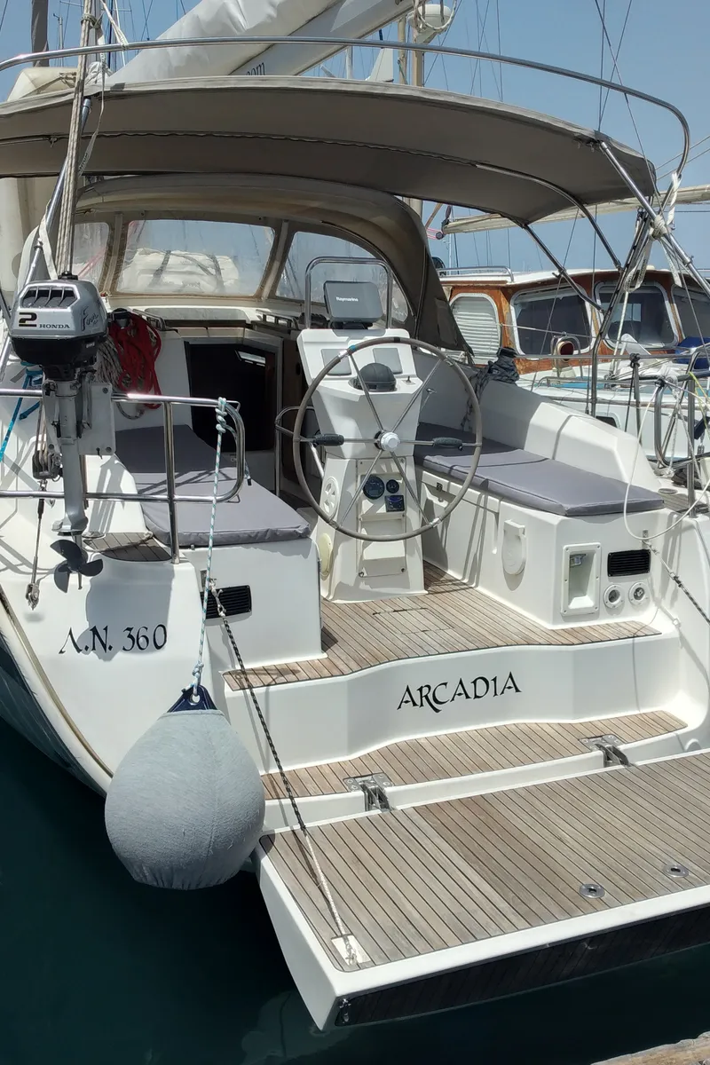 Exterior view of Irene, a Bavaria 36 Cruiser sailboat at Municipal Unit of Palairos, Greece