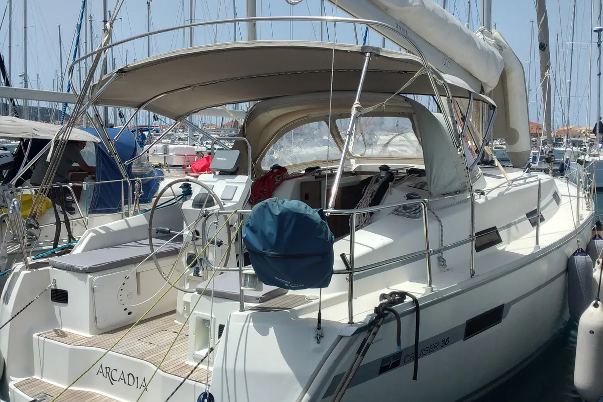 Exterior view of Irene, a Bavaria 36 Cruiser sailboat at Municipal Unit of Palairos, Greece