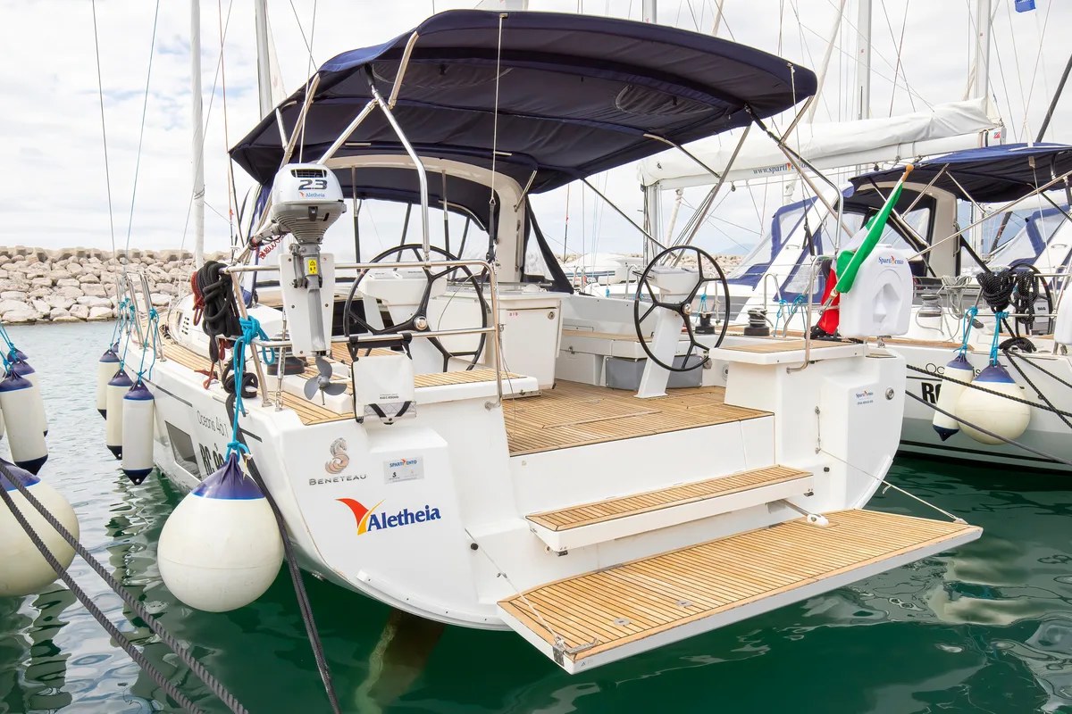 Exterior view of Aletheia, a Beneteau Oceanis 46.1 sailboat at Salerno, Italy