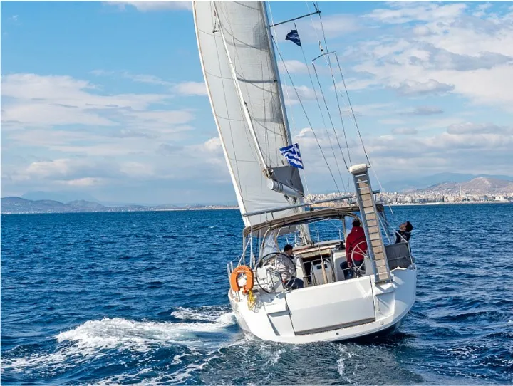Exterior view of Promise, a Jeanneau Sun Odyssey 509 sailboat at Athens, Greece