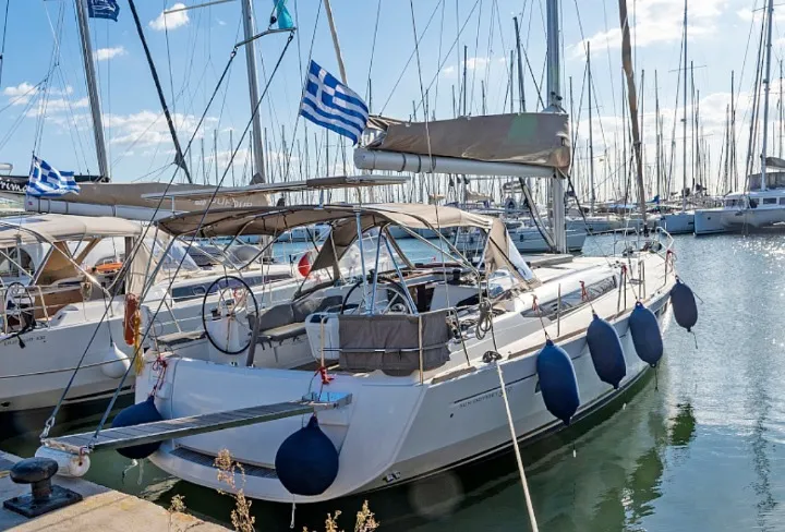 Exterior view of Promise, a Jeanneau Sun Odyssey 509 sailboat at Athens, Greece