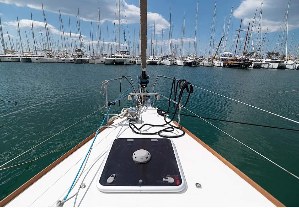 Deck of Promise, a Jeanneau Sun Odyssey 509 sailboat at Athens, Greece