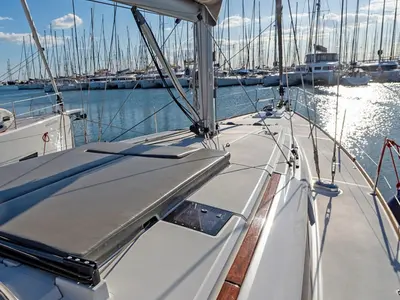 Deck of Promise, a Jeanneau Sun Odyssey 509 sailboat at Athens, Greece