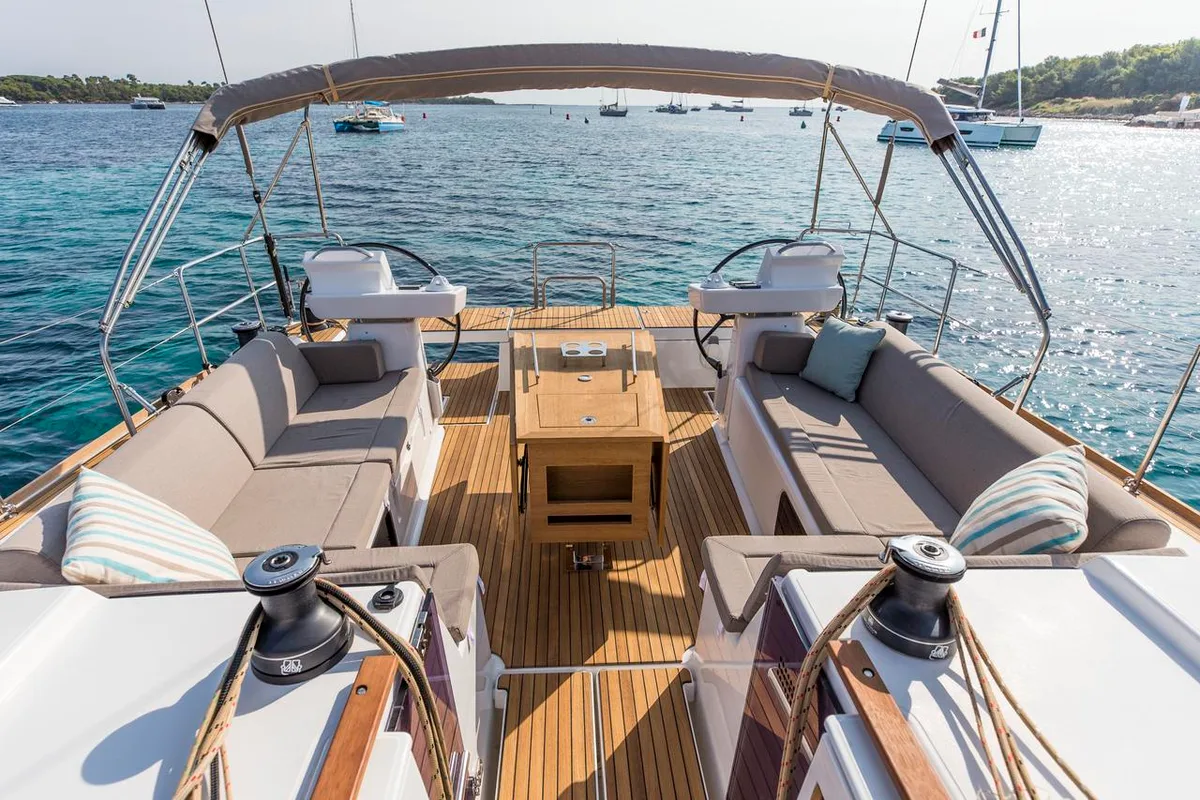 Deck of Eurus, a Dufour 520 GL sailboat at Primošten, Croatia