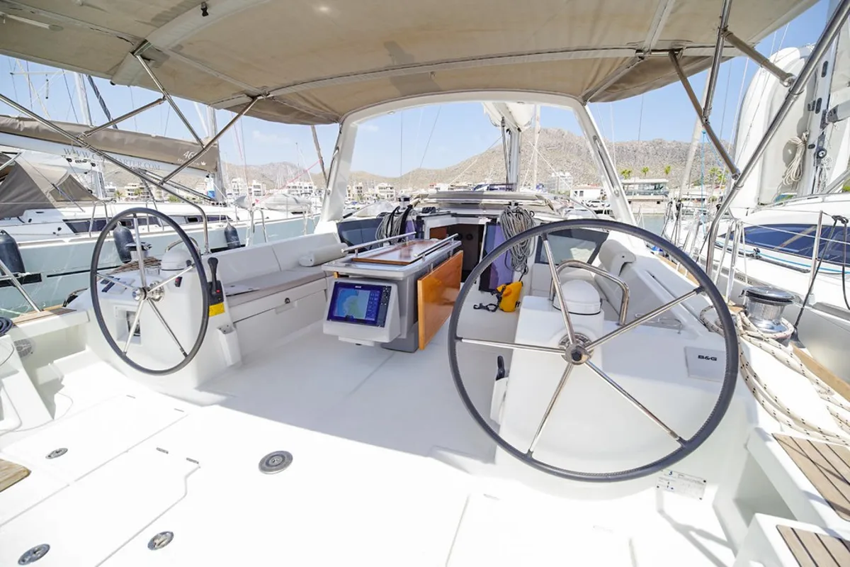 Cockpit of Avalon, a Beneteau Oceanis 45 sailboat at Port de Pollença, Spain