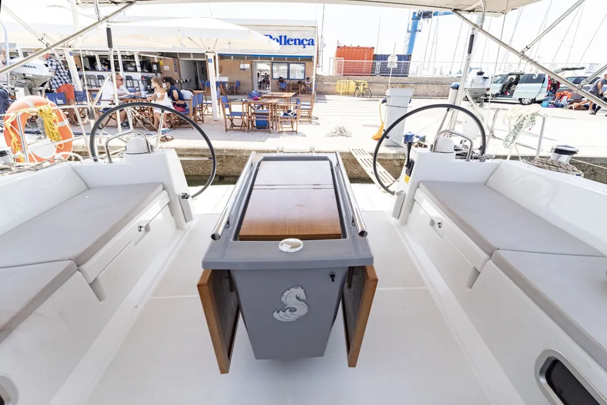 Cockpit of Avalon, a Beneteau Oceanis 45 sailboat at Port de Pollença, Spain
