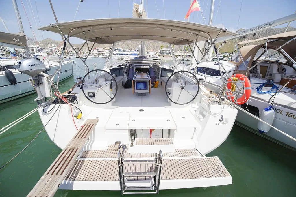 Exterior view of Avalon, a Beneteau Oceanis 45 sailboat at Port de Pollença, Spain