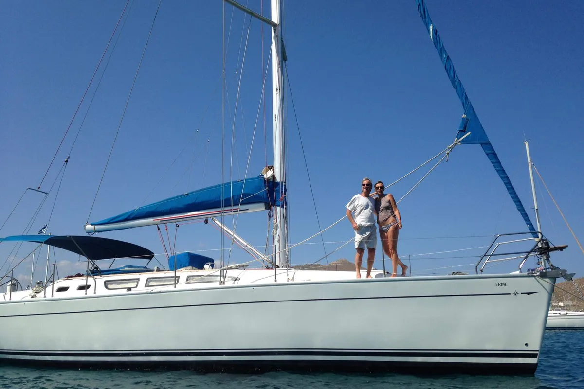 Exterior view of Frine, a Jeanneau Sun Odyssey 43 sailboat at Monastiri Bay