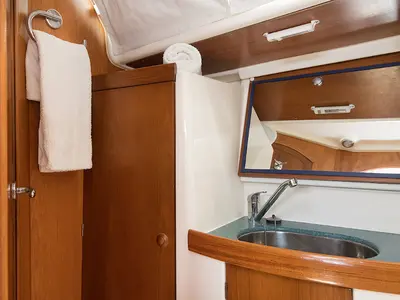 Head on Frine, a Jeanneau Sun Odyssey 43 sailboat at Monastiri Bay