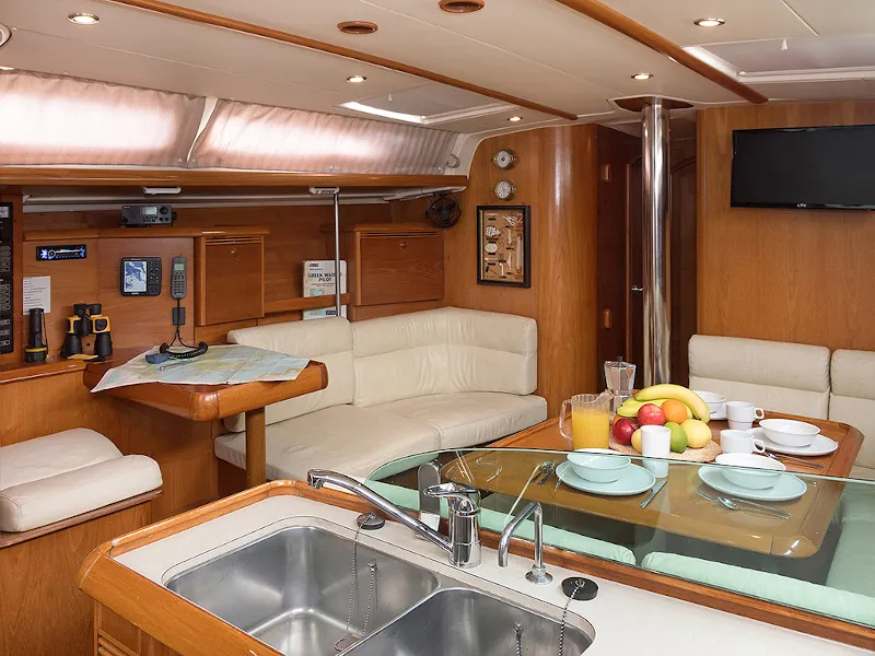 Galley of Frine, a Jeanneau Sun Odyssey 43 sailboat at Monastiri Bay
