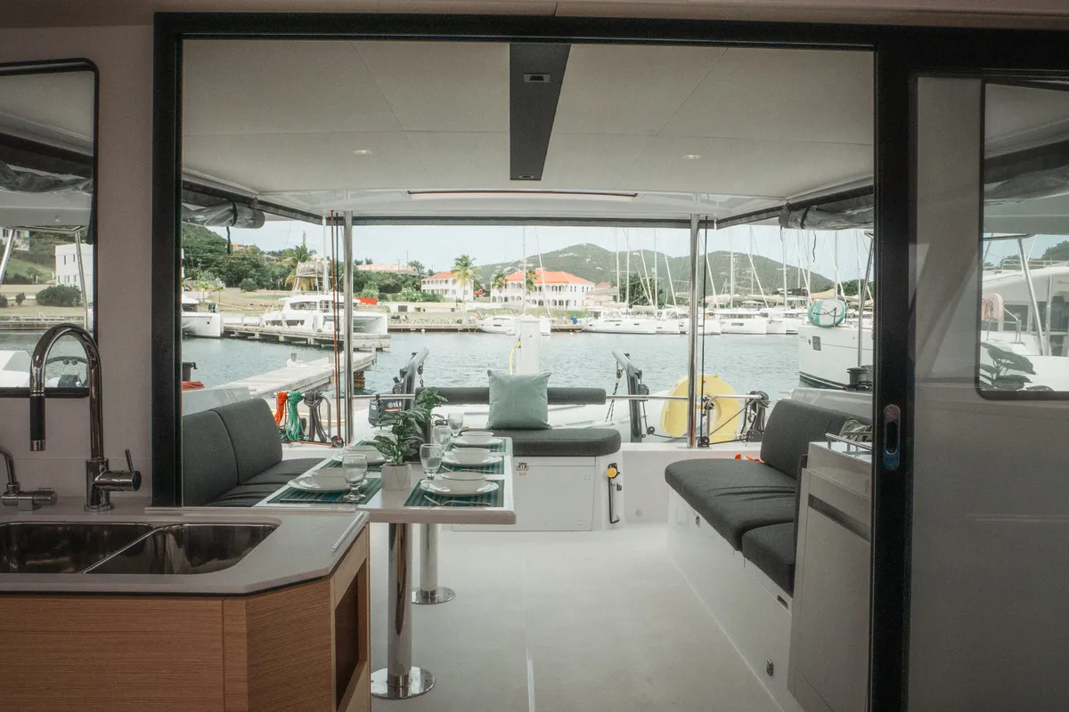 Salon of Untethered, a Nautitech 40 Open catamaran at Parham Town, British Virgin Islands