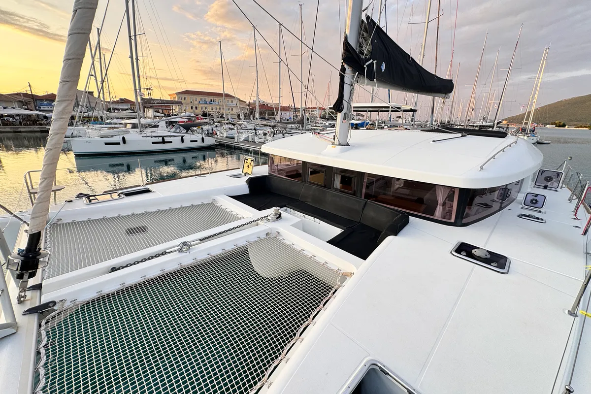 Deck of Salty Love, a Lagoon 450 Sport catamaran at Municipal Unit of Lefkada, Greece