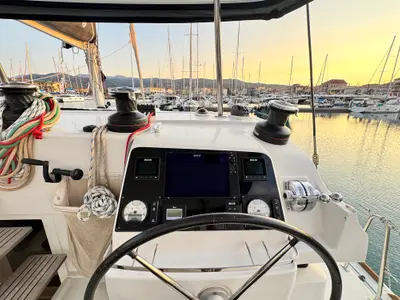 Cockpit of Salty Love, a Lagoon 450 Sport catamaran at Municipal Unit of Lefkada, Greece