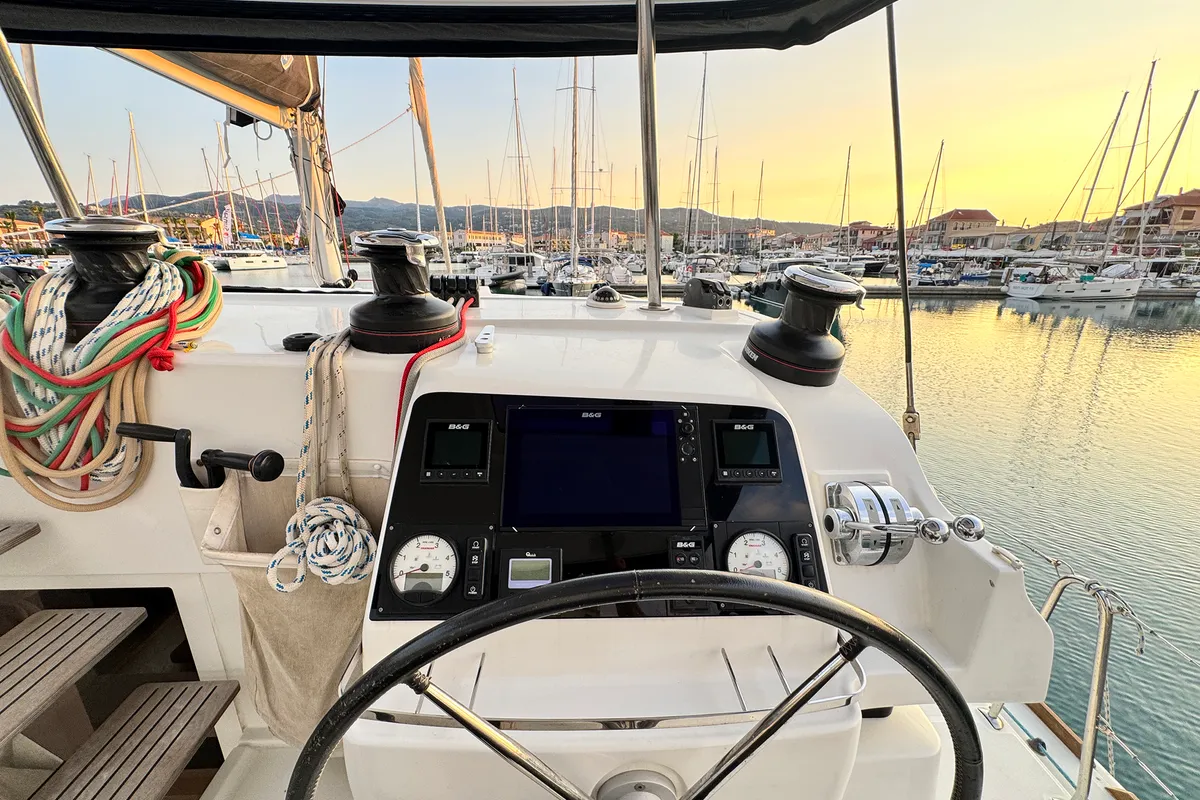 Cockpit of Salty Love, a Lagoon 450 Sport catamaran at Municipal Unit of Lefkada, Greece