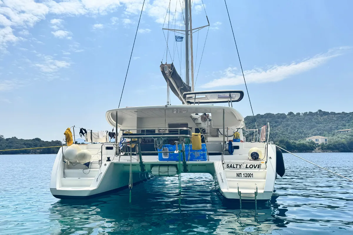Exterior view of Salty Love, a Lagoon 450 Sport catamaran at Municipal Unit of Lefkada, Greece