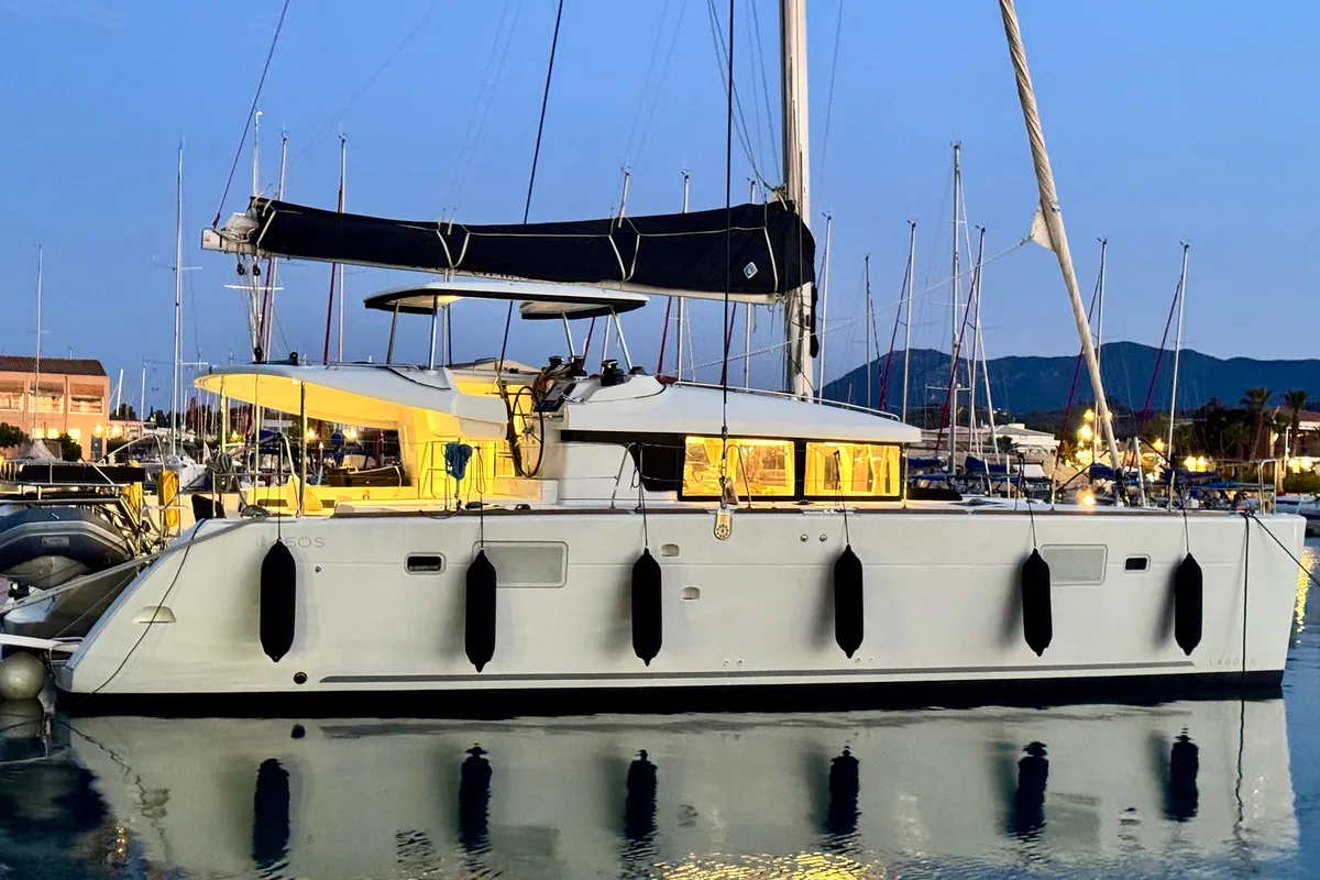Exterior view of Salty Love, a Lagoon 450 Sport catamaran at Municipal Unit of Lefkada, Greece