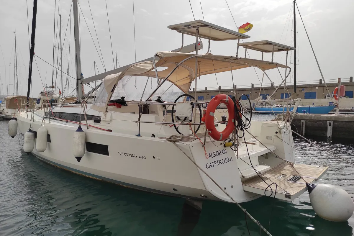 Exterior view of Alboran Caipiroska, a Jeanneau Sun Odyssey 440 sailboat at es Jonquet, Spain