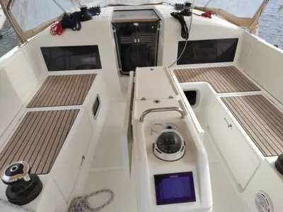 Cockpit of Alboran Caipiroska, a Jeanneau Sun Odyssey 440 sailboat at es Jonquet, Spain