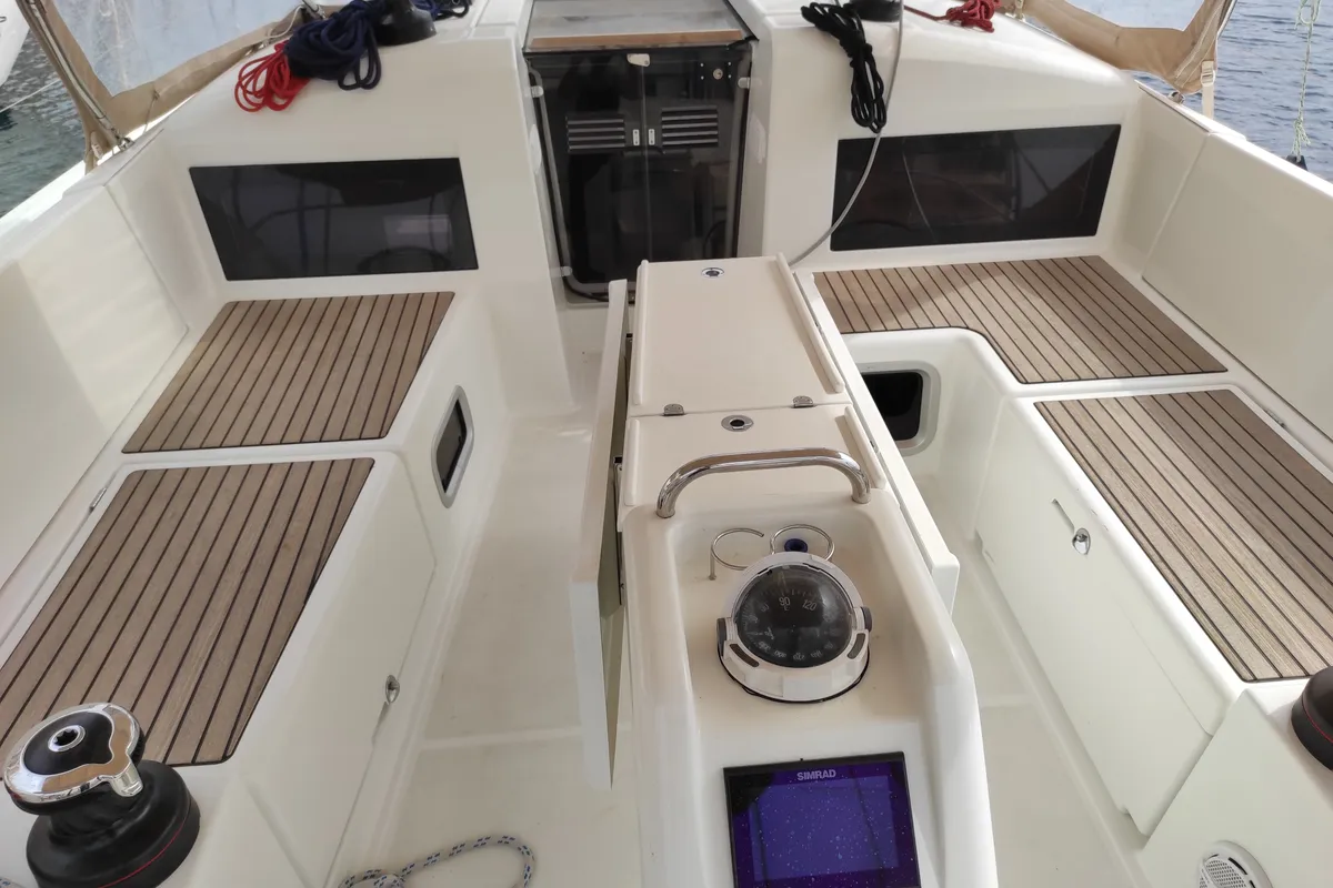 Cockpit of Alboran Caipiroska, a Jeanneau Sun Odyssey 440 sailboat at es Jonquet, Spain