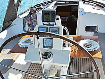 Cockpit of Maria, a Beneteau Oceanis 37 sailboat at Municipal Unit of Palairos, Greece