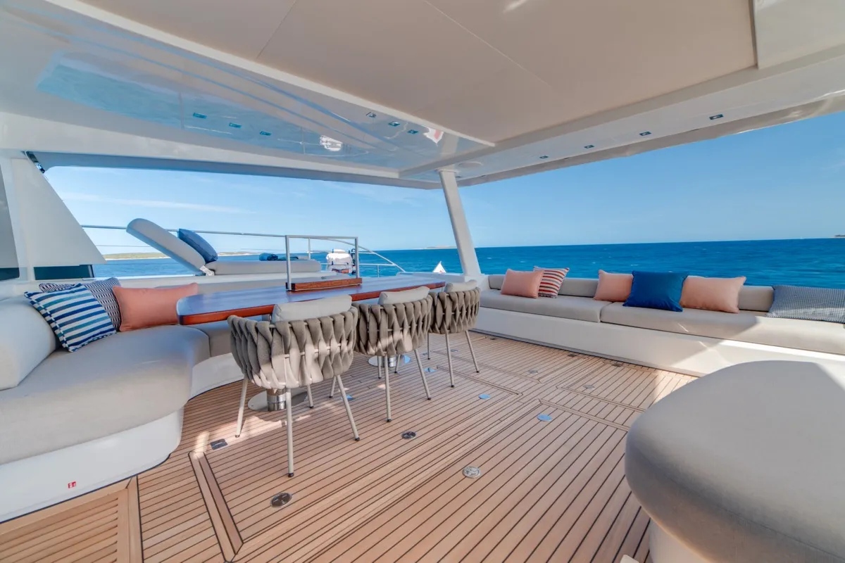 Deck of Zenit, a Lagoon Seventy 8 catamaran at Olbia, Italy
