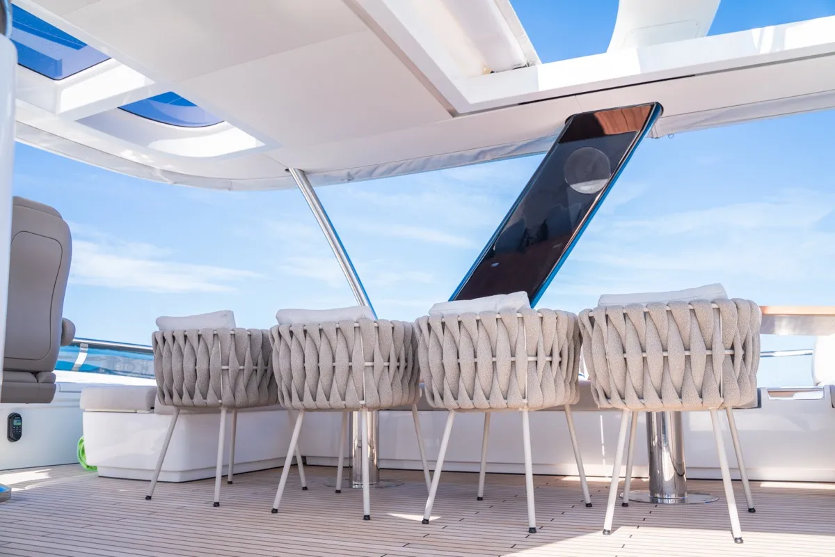 Deck of Zenit, a Lagoon Seventy 8 catamaran at Olbia, Italy
