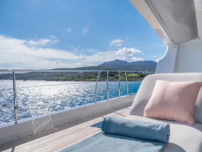Deck of Zenit, a Lagoon Seventy 8 catamaran at Olbia, Italy