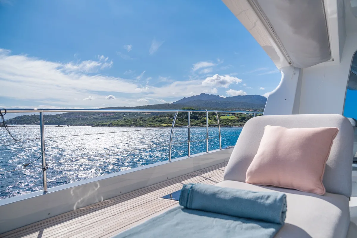 Deck of Zenit, a Lagoon Seventy 8 catamaran at Olbia, Italy