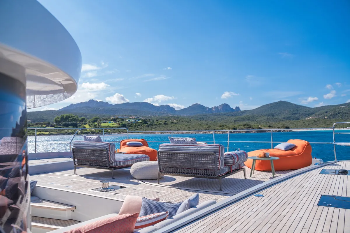Deck of Zenit, a Lagoon Seventy 8 catamaran at Olbia, Italy