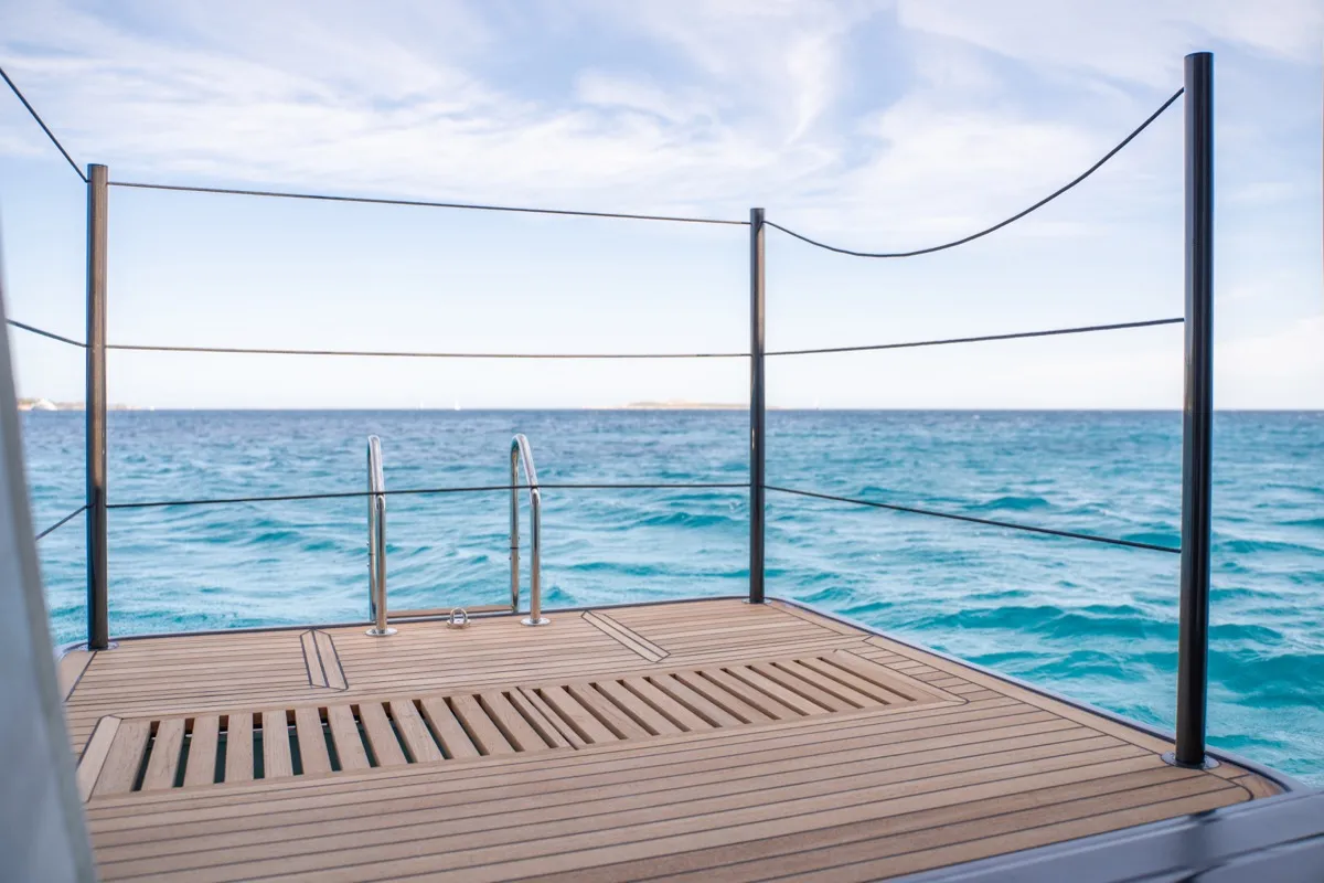 Deck of Zenit, a Lagoon Seventy 8 catamaran at Olbia, Italy