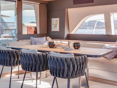 Salon of Zenit, a Lagoon Seventy 8 catamaran at Olbia, Italy
