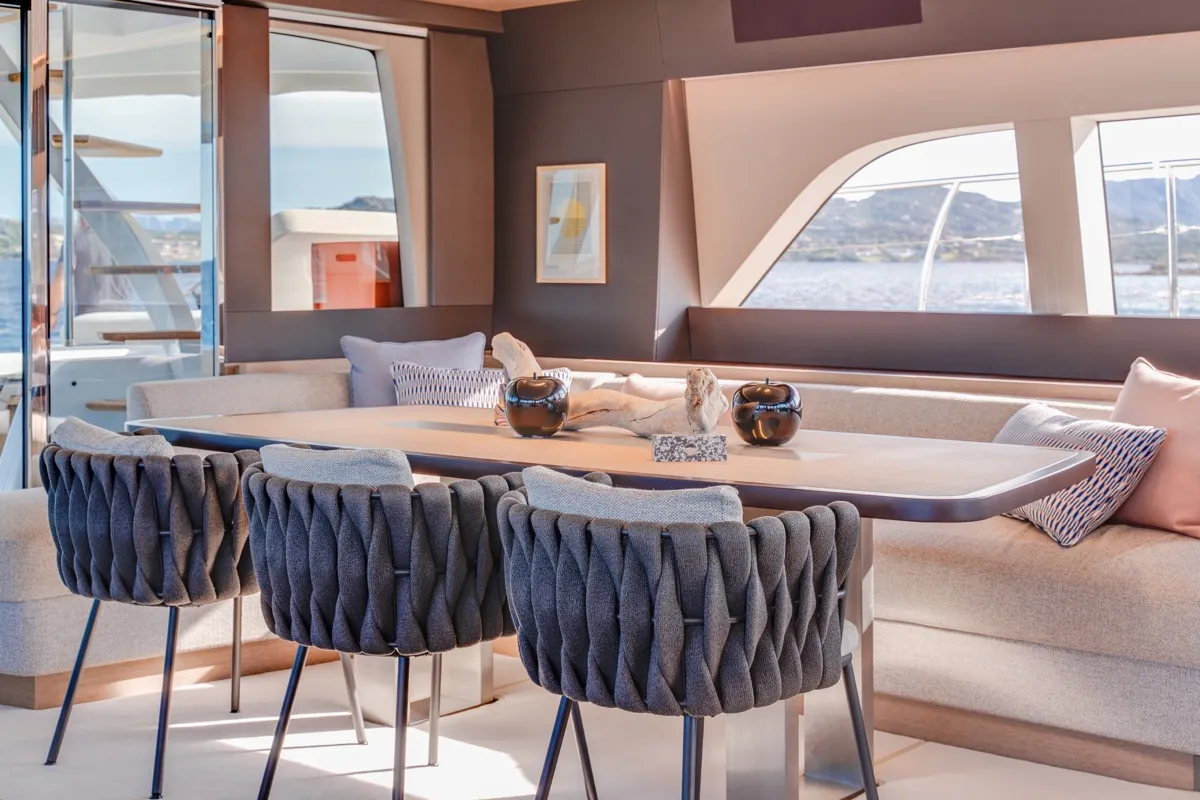 Salon of Zenit, a Lagoon Seventy 8 catamaran at Olbia, Italy