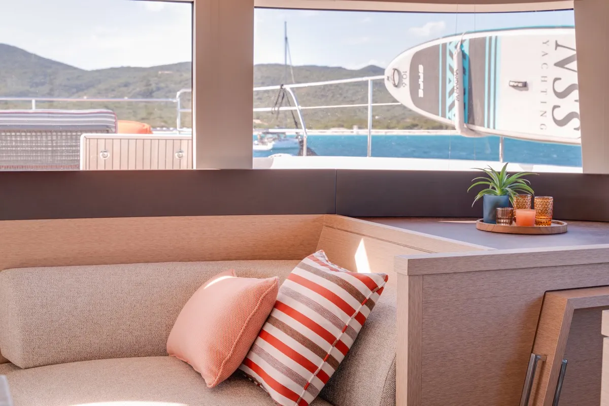 Salon of Zenit, a Lagoon Seventy 8 catamaran at Olbia, Italy