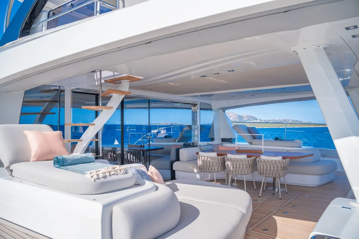 Deck of Zenit, a Lagoon Seventy 8 catamaran at Olbia, Italy