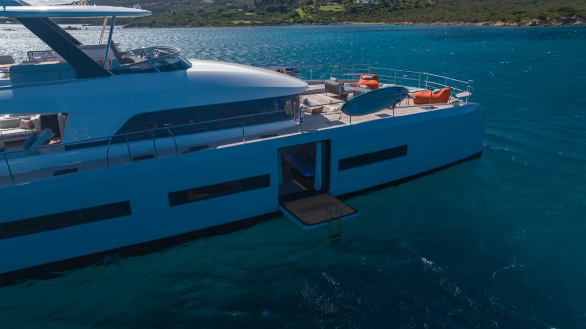 Exterior view of Zenit, a Lagoon Seventy 8 catamaran at Olbia, Italy