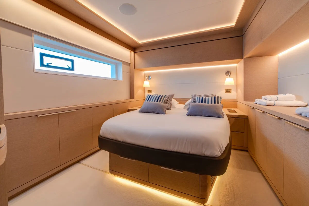 Cabin on Zenit, a Lagoon Seventy 8 catamaran at Olbia, Italy