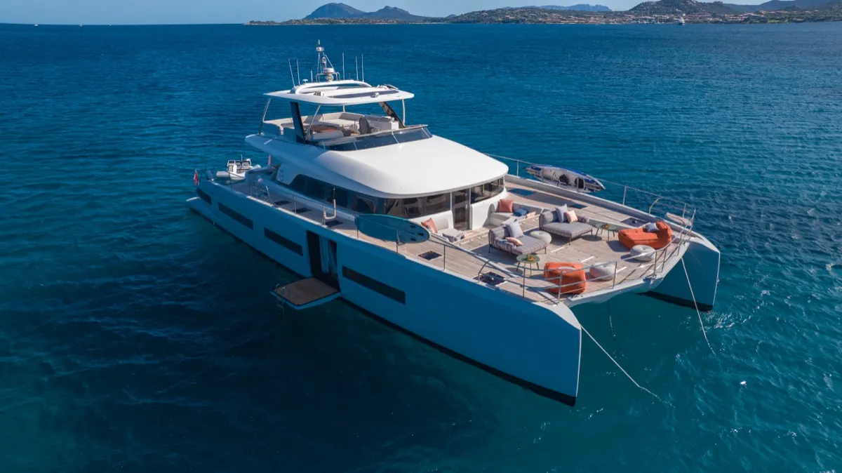 Exterior view of Zenit, a Lagoon Seventy 8 catamaran at Olbia, Italy