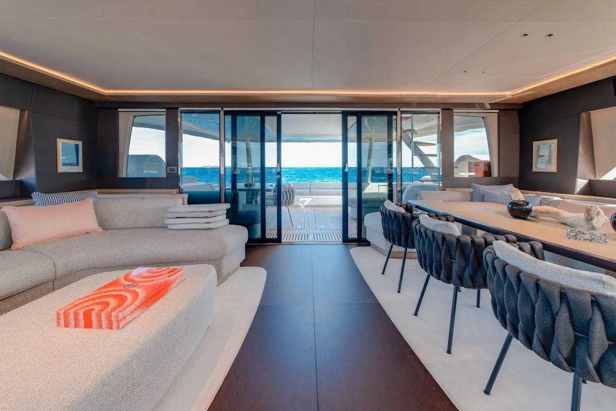 Salon of Zenit, a Lagoon Seventy 8 catamaran at Olbia, Italy
