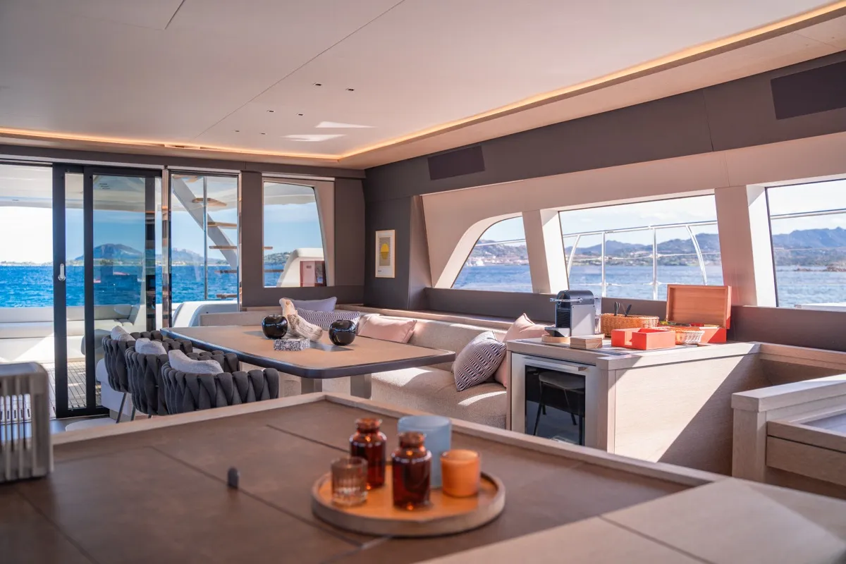 Salon of Zenit, a Lagoon Seventy 8 catamaran at Olbia, Italy