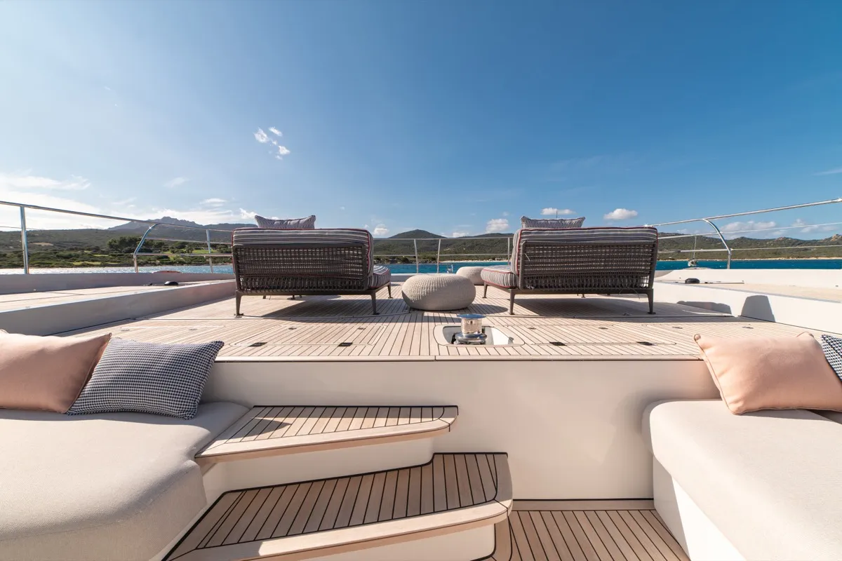 Deck of Zenit, a Lagoon Seventy 8 catamaran at Olbia, Italy