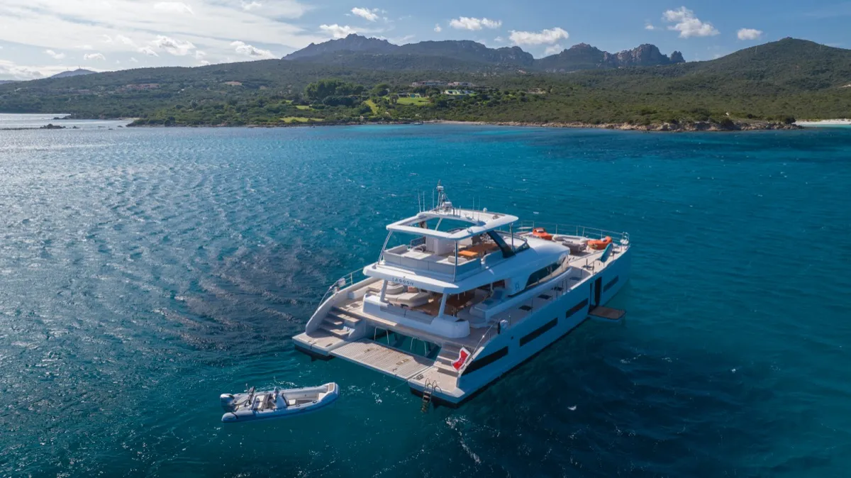 Exterior view of Zenit, a Lagoon Seventy 8 catamaran at Olbia, Italy