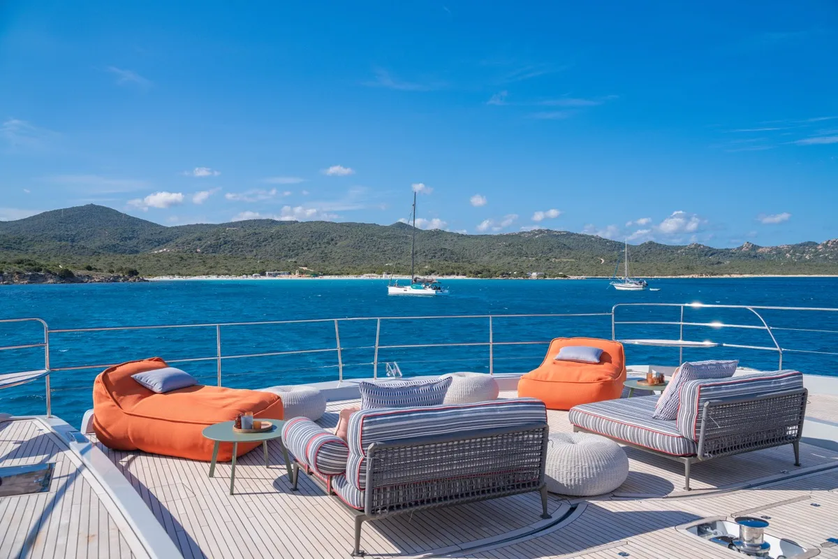 Deck of Zenit, a Lagoon Seventy 8 catamaran at Olbia, Italy