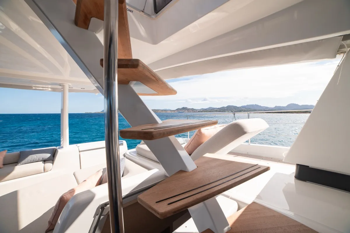 Deck of Zenit, a Lagoon Seventy 8 catamaran at Olbia, Italy