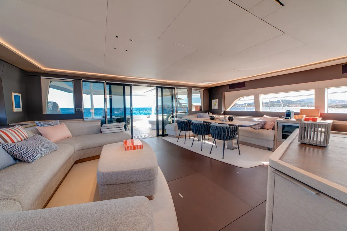Salon of Zenit, a Lagoon Seventy 8 catamaran at Olbia, Italy
